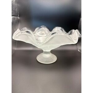 Viking Glass Frosted Clear Petal Ruffled Handkerchief Footed Bowl Centerpiece